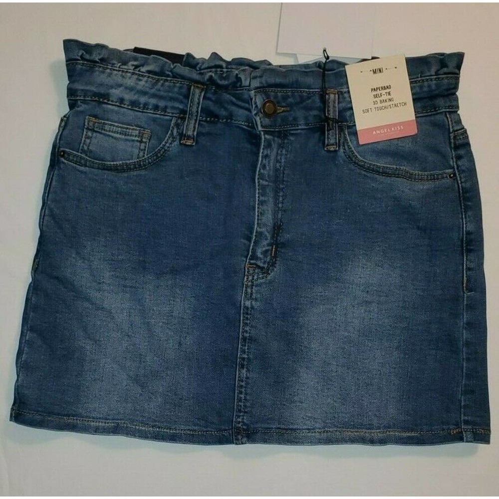 Junior's Medium Angel Kiss Paperbag Self-tie Soft touch stretch demin mini Skirt
